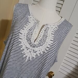 MAX STUDIO 3X V neck Embroidery Apliques Sleeveless blue/white striped dress